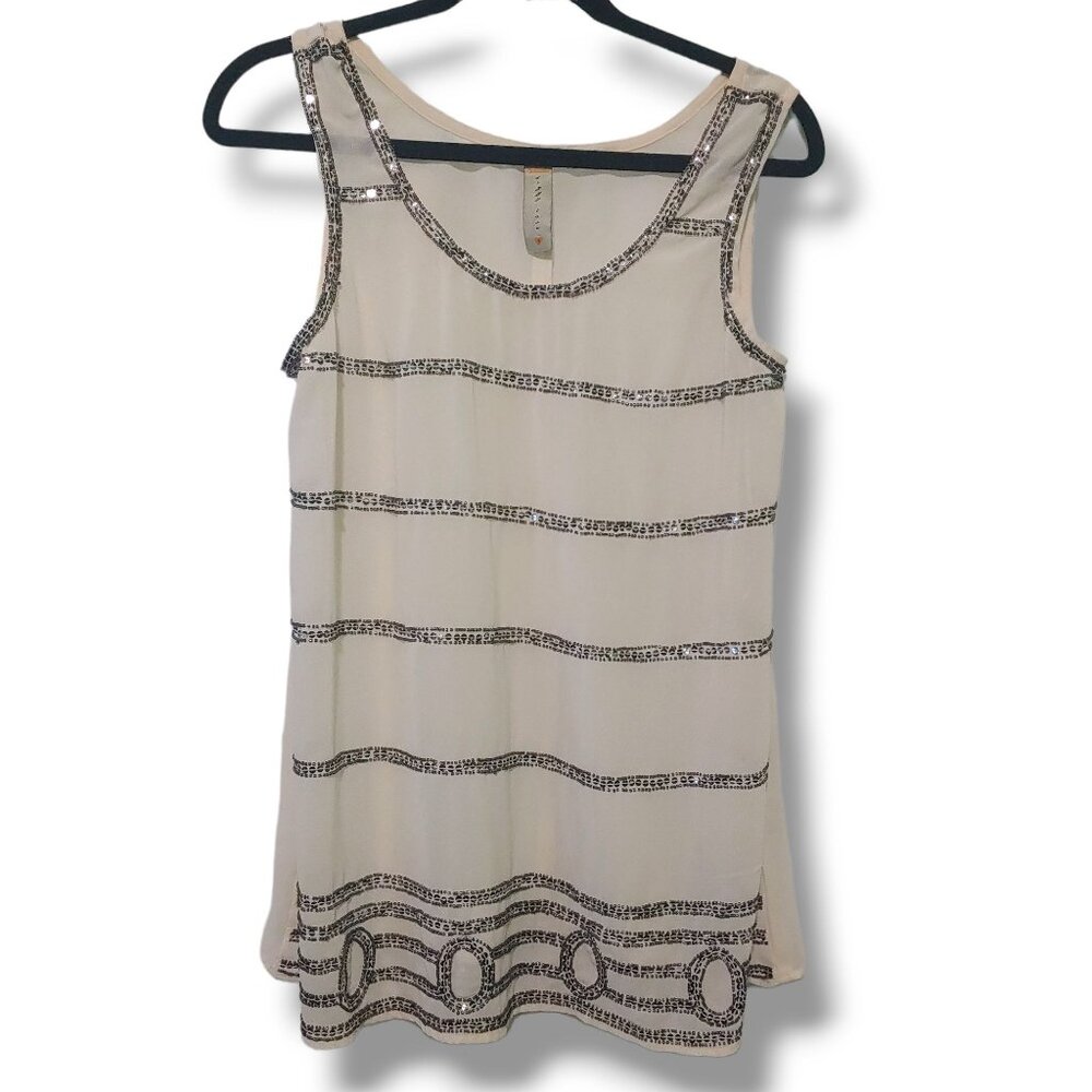 Dizzy Love tank top women's Small semi-sheer cream w/ silver beading